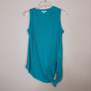 Maette Tank Top Small Green Teal Knot Front Linen Blend Asymmetrical